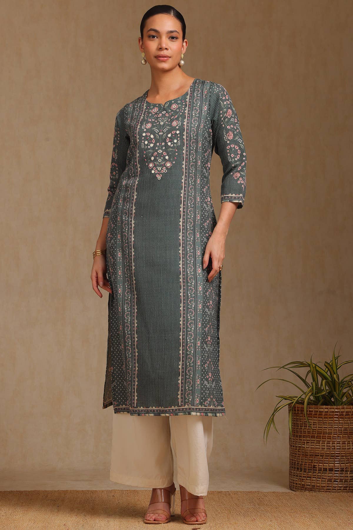 Olive Rayon Botanical Printed Kurta With Mirror Work - Image 2