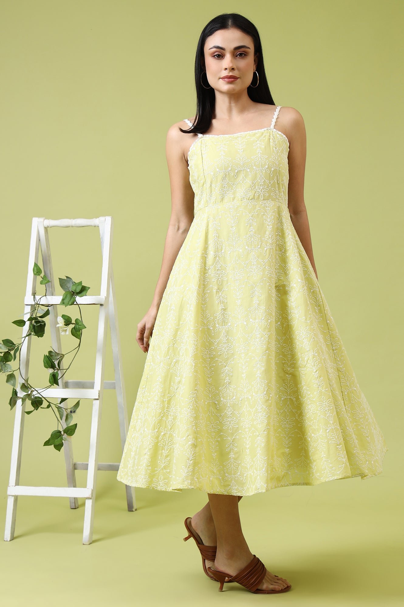Lime Green Schiffli Embroidered Pure Cotton Flared Spaghetti Dress - Image 8